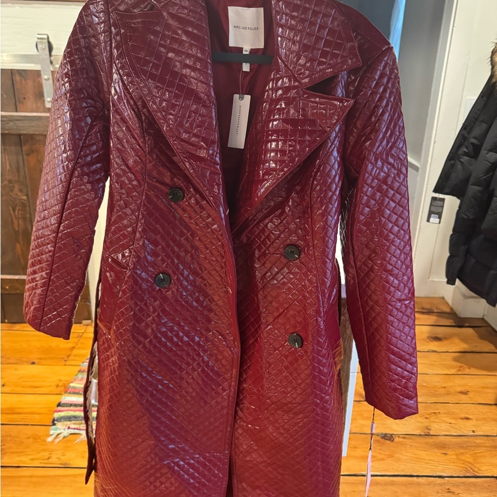 Avec Les Filles Quilted Faux-Ever Leather Belted Trench Coat